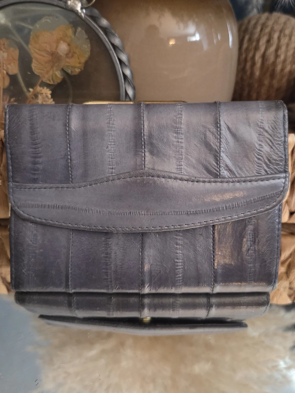 Vintage Genuine Eel Skin Leather Wallet Clutch Gray Korea Gold Frame